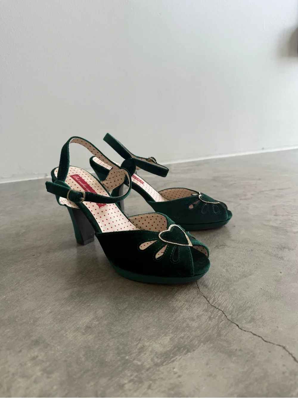 Green Suede Peep-Toe Block Heels with Ankle Strap
